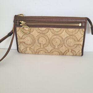 Coach Corner Wristlet Wallet Brown Phone Double Zip Pouch Small Soft Logo Canvas